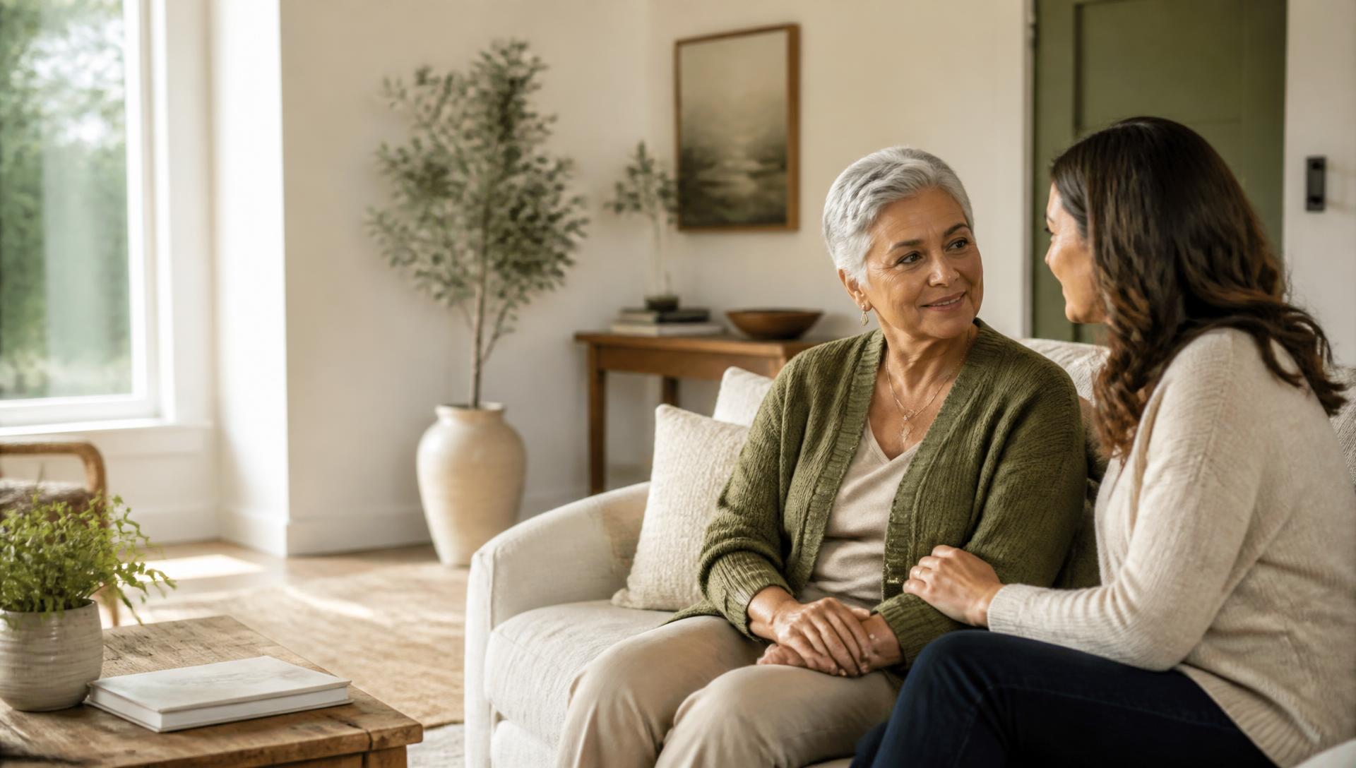 An older woman sharing a warm moment with family in a sunlit home